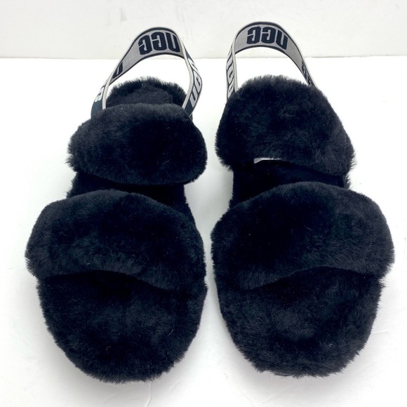 Ugg Oh Yeah Fur Double Strap Flat Sandals In Black Size 10 - Picture 4 of 11